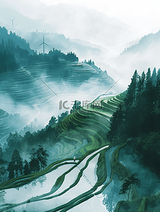 春季简约山田山脉朦胧景色风景的插画16