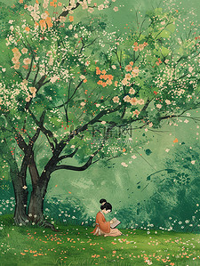 树设计插画图片_春天孩子坐在树下看书插画设计