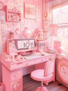 粉色精致的书桌书房原创插画
