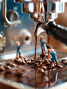 微型小人物在咖啡机上工作素材