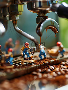 咖啡咖啡机插画图片_微型小人物在咖啡机上工作插图
