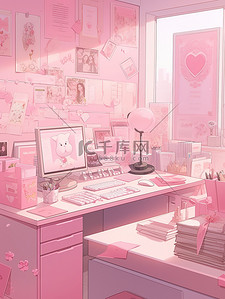精致粉色插画图片_粉色精致的书桌书房插图