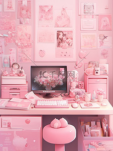 精致粉色插画图片_粉色精致的书桌书房插画图片