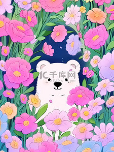 卡通花卡通花丛插画图片_可爱的小白熊躲在花丛中矢量插画