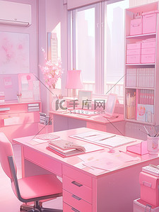 粉色精致的书桌书房插画图片