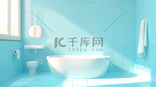 洗漱插画图片_蓝色简约干净浴室场景的插画6