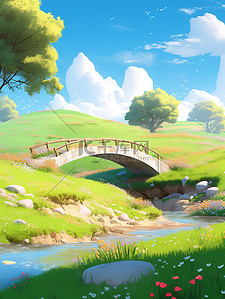 春天小桥和山的动漫景观原创插画