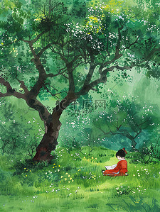 树设计插画图片_春天孩子坐在树下看书插画设计