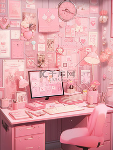 粉色精致的书桌书房原创插画