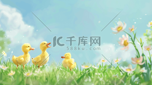春天里户外小鸭子在草坪上开心的插画1