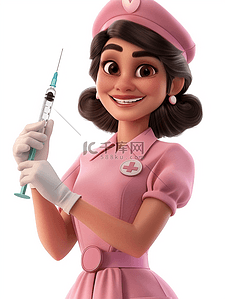 实物注射器插画图片_穿粉色护士装手拿注射器的插画4