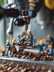 咖啡咖啡机插画图片_微型小人物在咖啡机上工作插画