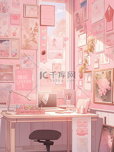 精致粉色插画图片_粉色精致的书桌书房插画素材