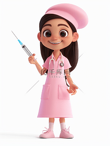 穿粉色护士装手拿注射器的插画2