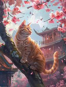 樱花国风插画图片_橙色猫咪樱花城墙中国风素材