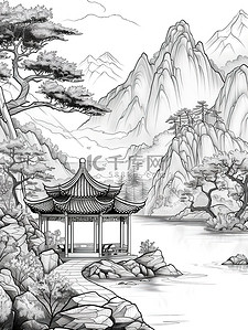 中国山水线性黑白简约插画