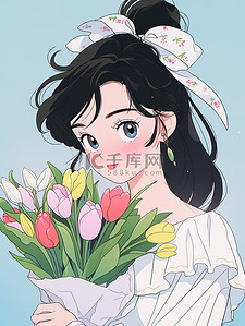 冰雪公主插画图片_白色公主裙拿着花朵女孩图片