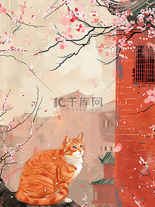 樱花网页设计插画图片_橙色猫咪樱花城墙中国风插画设计