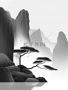 黑白简笔画插画图片_中国山水线性黑白简约插画