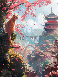 橙色猫咪樱花城墙中国风素材