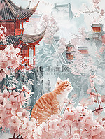 橙色猫咪樱花城墙中国风插画