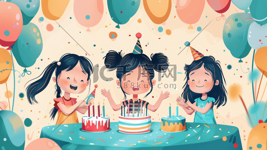 蛋糕扁平化插画图片_简约扁平化女孩们开心聚会的插画6