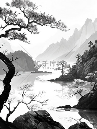 中国山水线性黑白简约插画