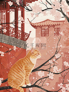 橙色猫咪樱花城墙中国风插图