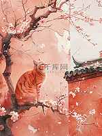 橙色猫咪樱花城墙中国风插画素材