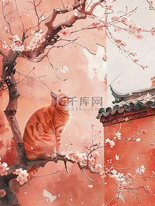 城墙绘画插画图片_橙色猫咪樱花城墙中国风插画素材