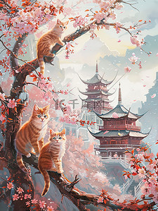 异域城墙插画图片_橙色猫咪樱花城墙中国风插画素材