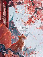 橙色猫咪樱花城墙中国风图片