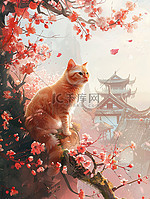 橙色猫咪樱花城墙中国风插画素材