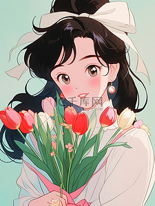 冰雪公主插画图片_白色公主裙拿着花朵女孩插画设计