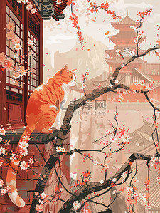 橙色猫咪樱花城墙中国风矢量插画