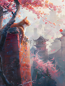城墙绘画插画图片_橙色猫咪樱花城墙中国风图片