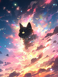 可爱的小猫插画图片_可爱的小猫梦幻星空下素材