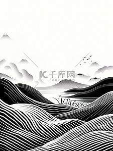解锁黑白插画图片_中国山水线性黑白简约插画