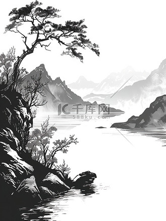 中国山水线性黑白简约插画