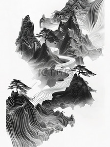 中国山水线性黑白简约插画