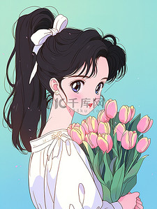 白色公主裙拿着花朵女孩插画素材