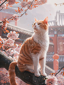 橙色猫咪樱花城墙中国风插画设计