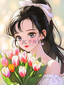 白色公主裙拿着花朵女孩插画图片