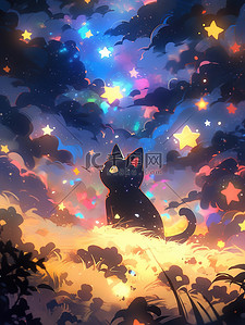 可爱的小猫插画图片_可爱的小猫梦幻星空下素材