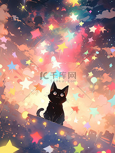 可爱的小猫插画图片_可爱的小猫梦幻星空下图片