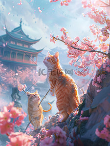 橙色猫咪樱花城墙中国风插画