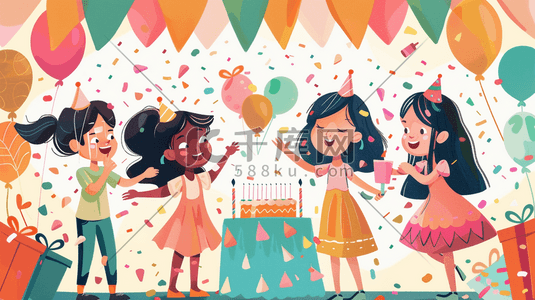 蛋糕平面插画图片_简约扁平化女孩们开心聚会的插画2