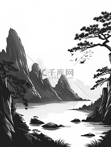 中国山水线性黑白简约插画