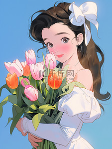 冰雪公主插画图片_白色公主裙拿着花朵女孩插图
