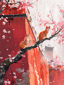 橙色猫咪樱花城墙中国风原创插画